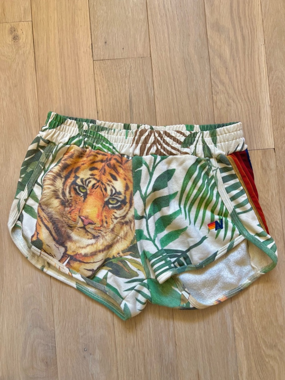 Aviator Nation Green 5 Stripe Jungle Tiger Print Fleece Women's Shorts Medium